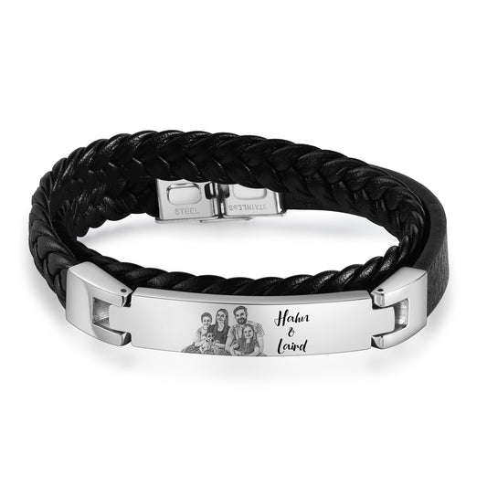 Men's Personalised Leather Photo Bar Bracelet