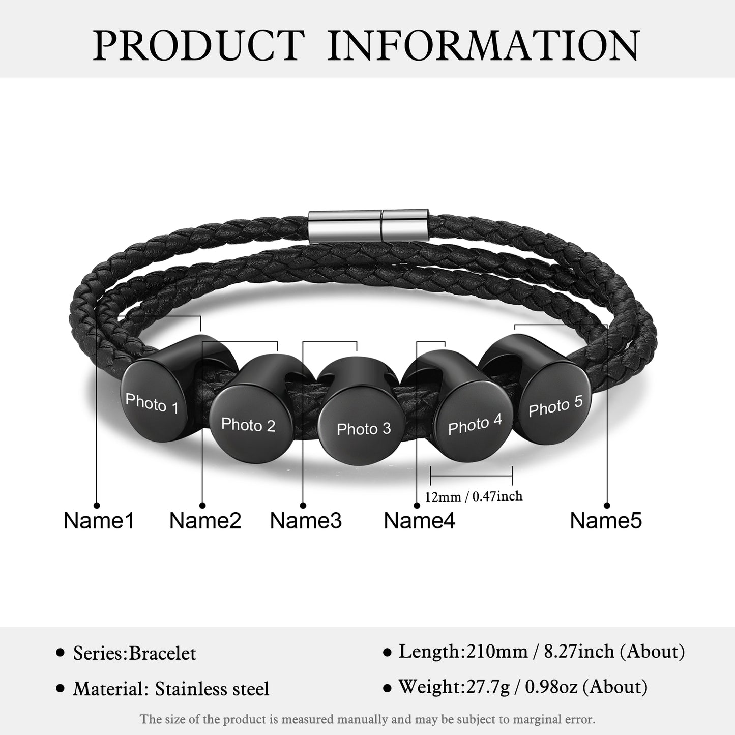 Men's Personalised Leather Photo Bead Bracelet