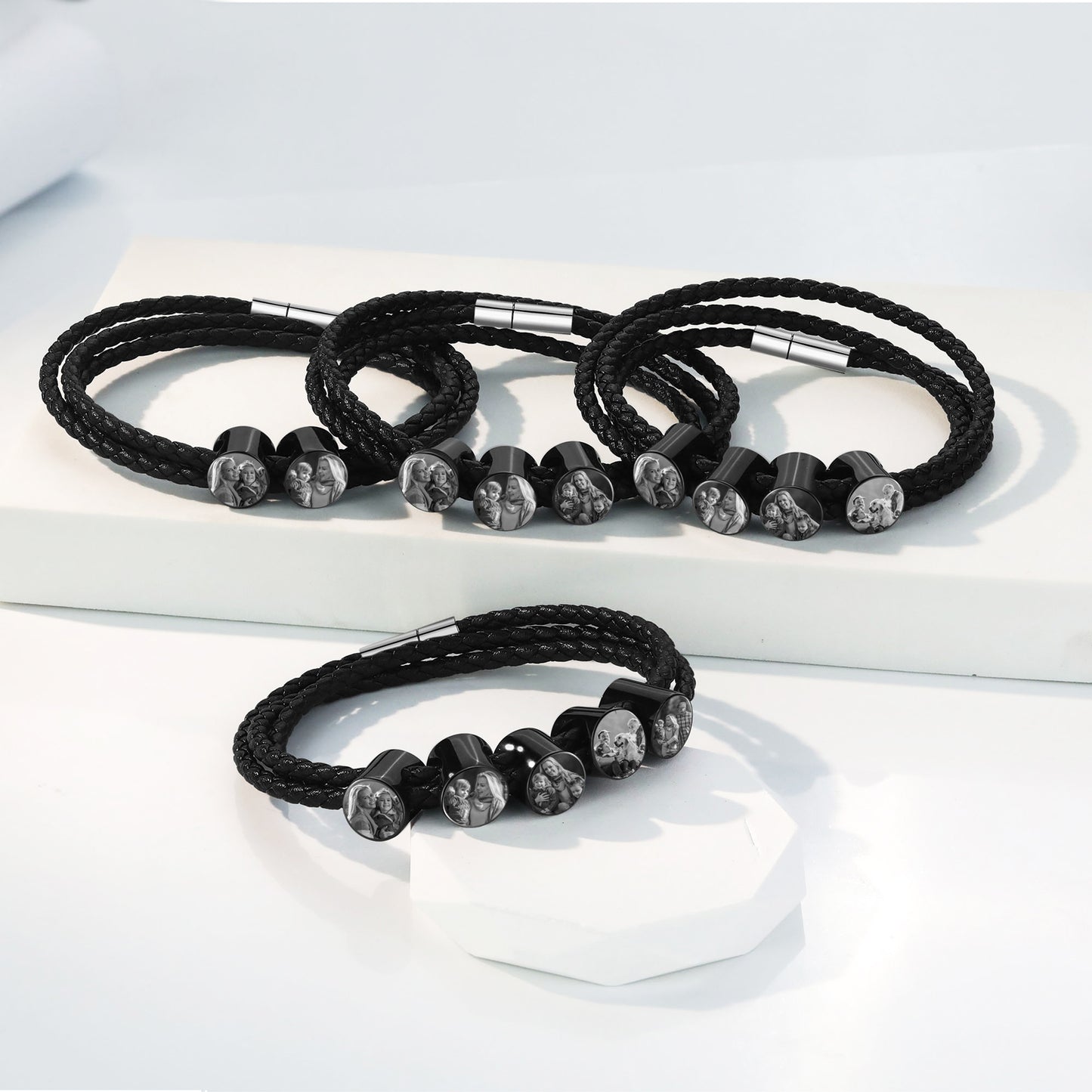 Men's Personalised Leather Photo Bead Bracelet