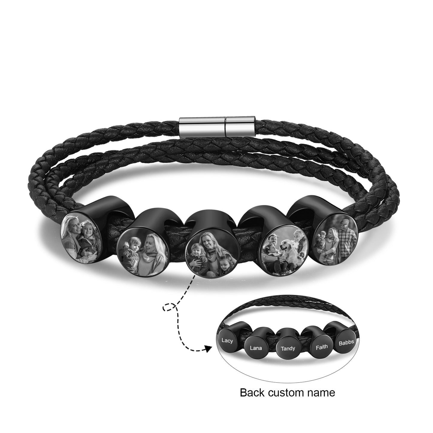 Men's Personalised Leather Photo Bead Bracelet
