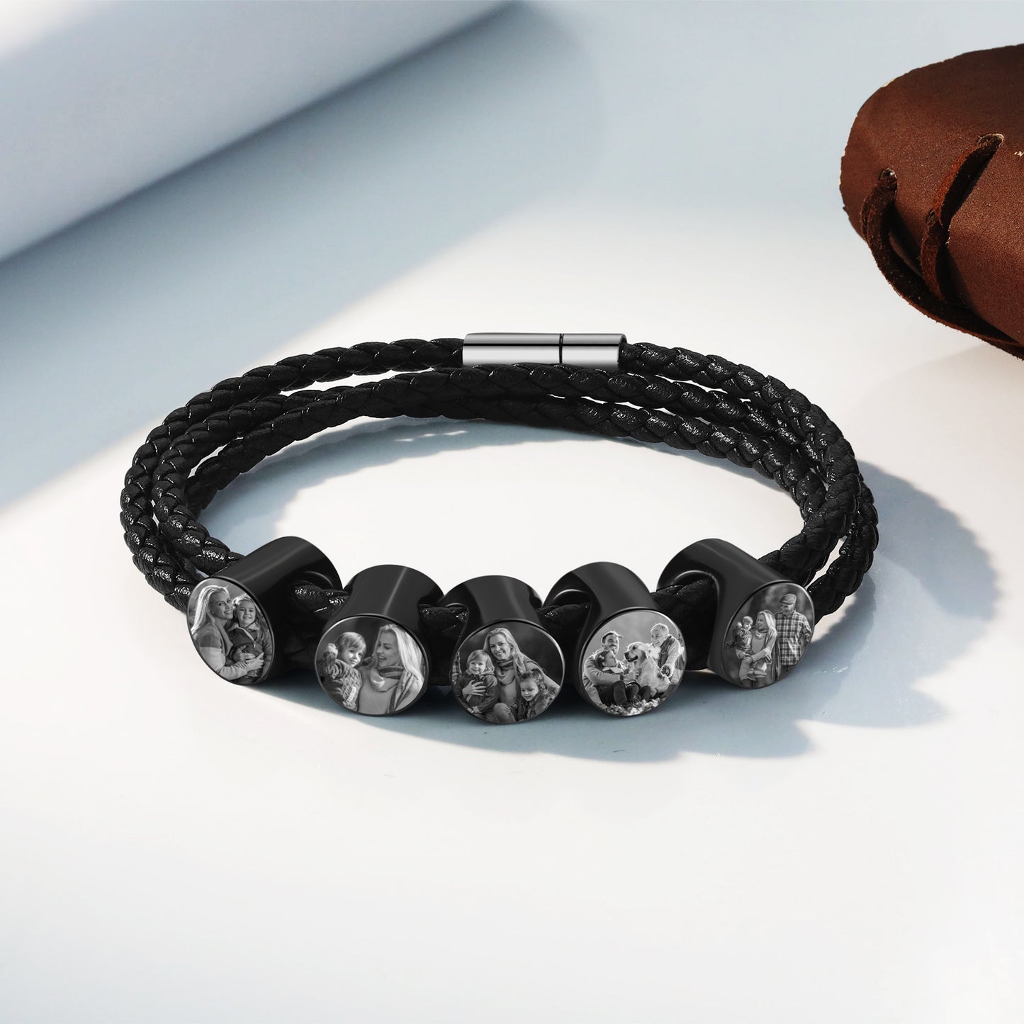 Men's Personalised Leather Photo Bead Bracelet