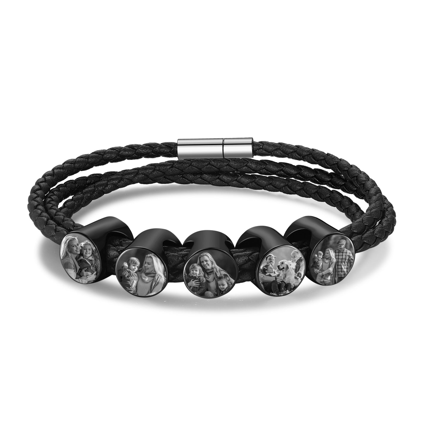 Men's Personalised Leather Photo Bead Bracelet