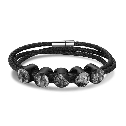 Men's Personalised Leather Photo Bead Bracelet