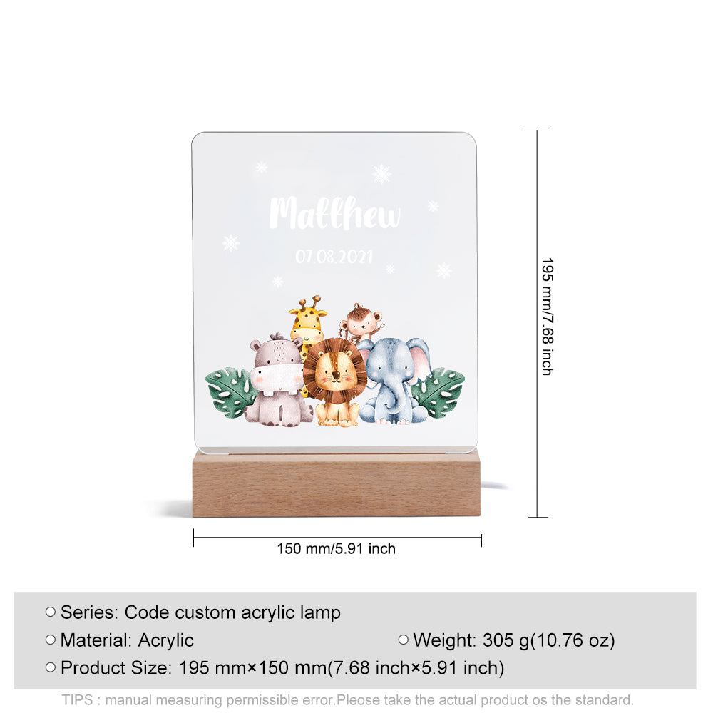 Personalised Baby Woodland Animals Name & Date Night Light
