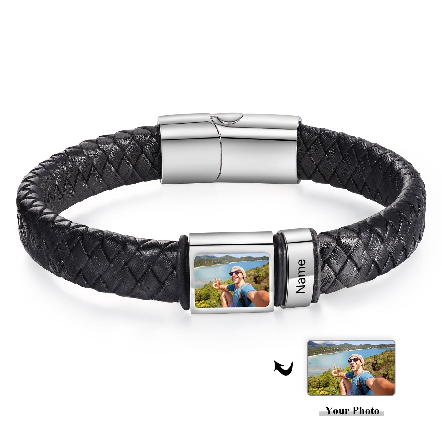 Men's Personalised Leather Photo 1-6 Names Bracelet