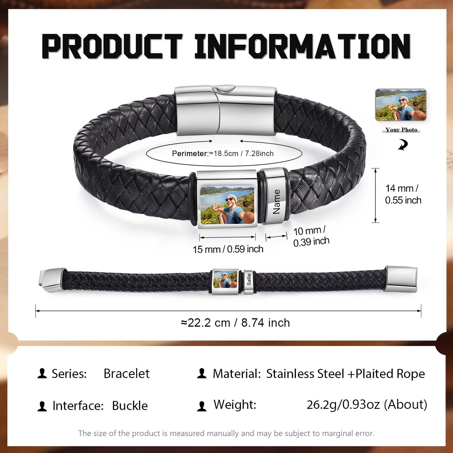Men's Personalised Leather Photo 1-6 Names Bracelet