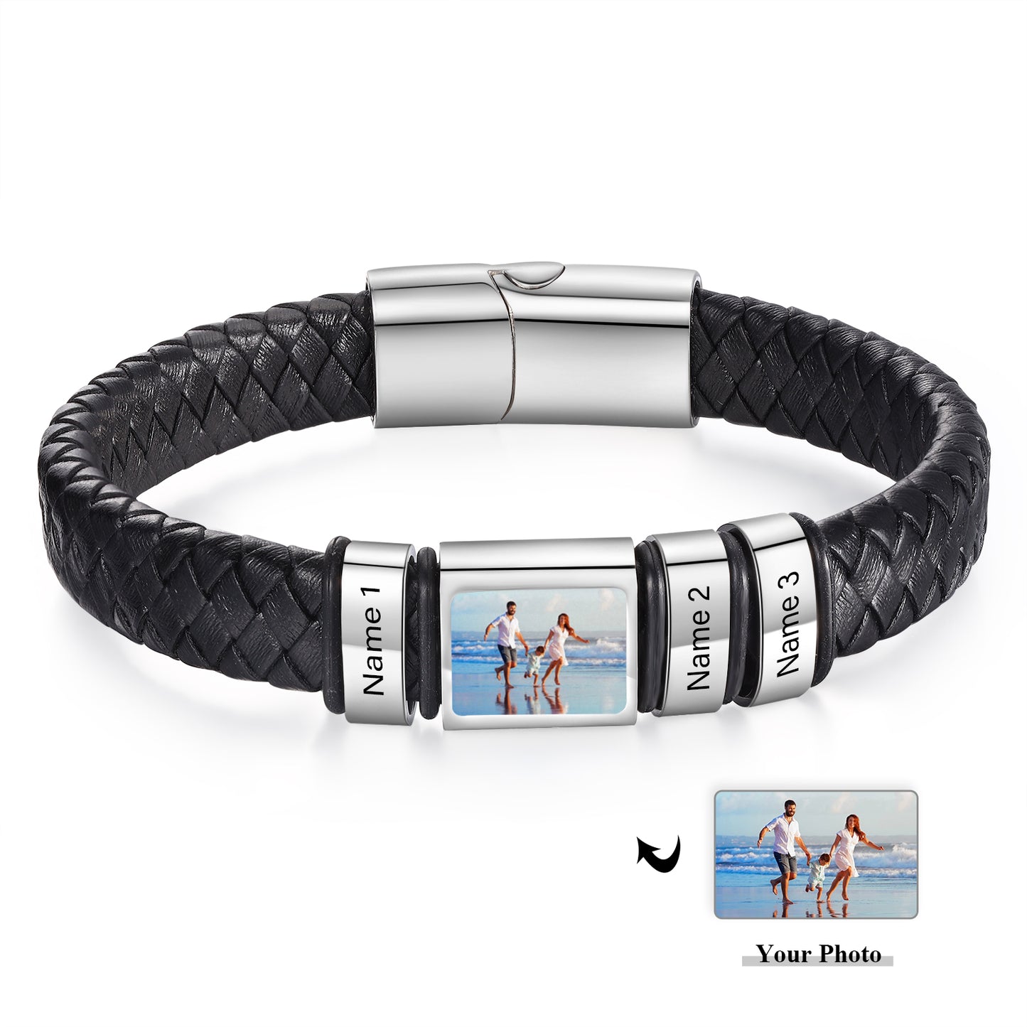 Men's Personalised Leather Photo 1-6 Names Bracelet
