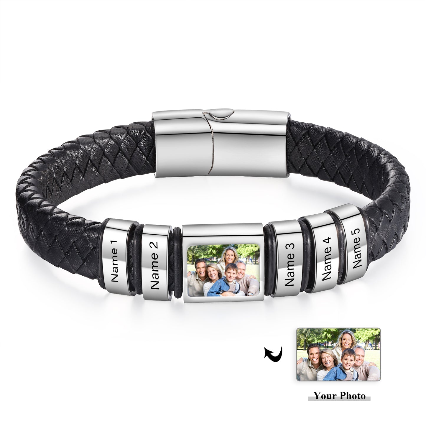 Men's Personalised Leather Photo 1-6 Names Bracelet