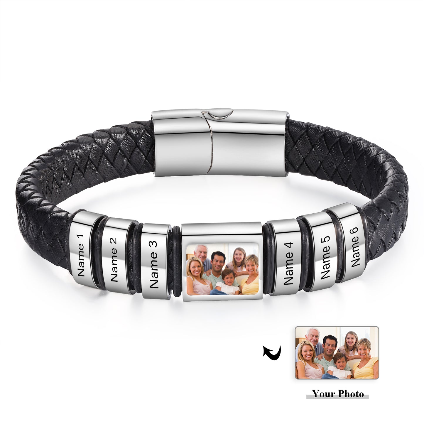 Men's Personalised Leather Photo 1-6 Names Bracelet