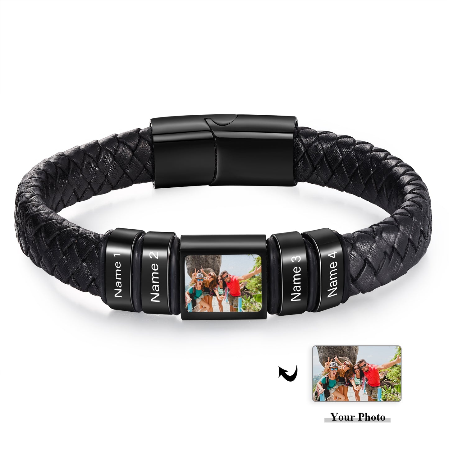 Men's Personalised Leather Photo 1-6 Names Bracelet