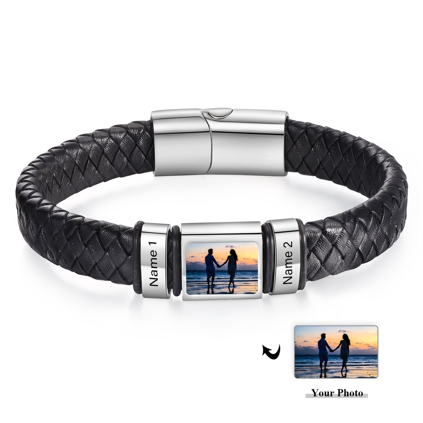 Men's Personalised Leather Photo 1-6 Names Bracelet