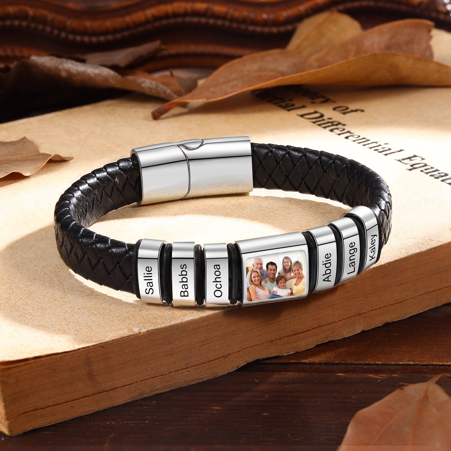 Men's Personalised Leather Photo 1-6 Names Bracelet