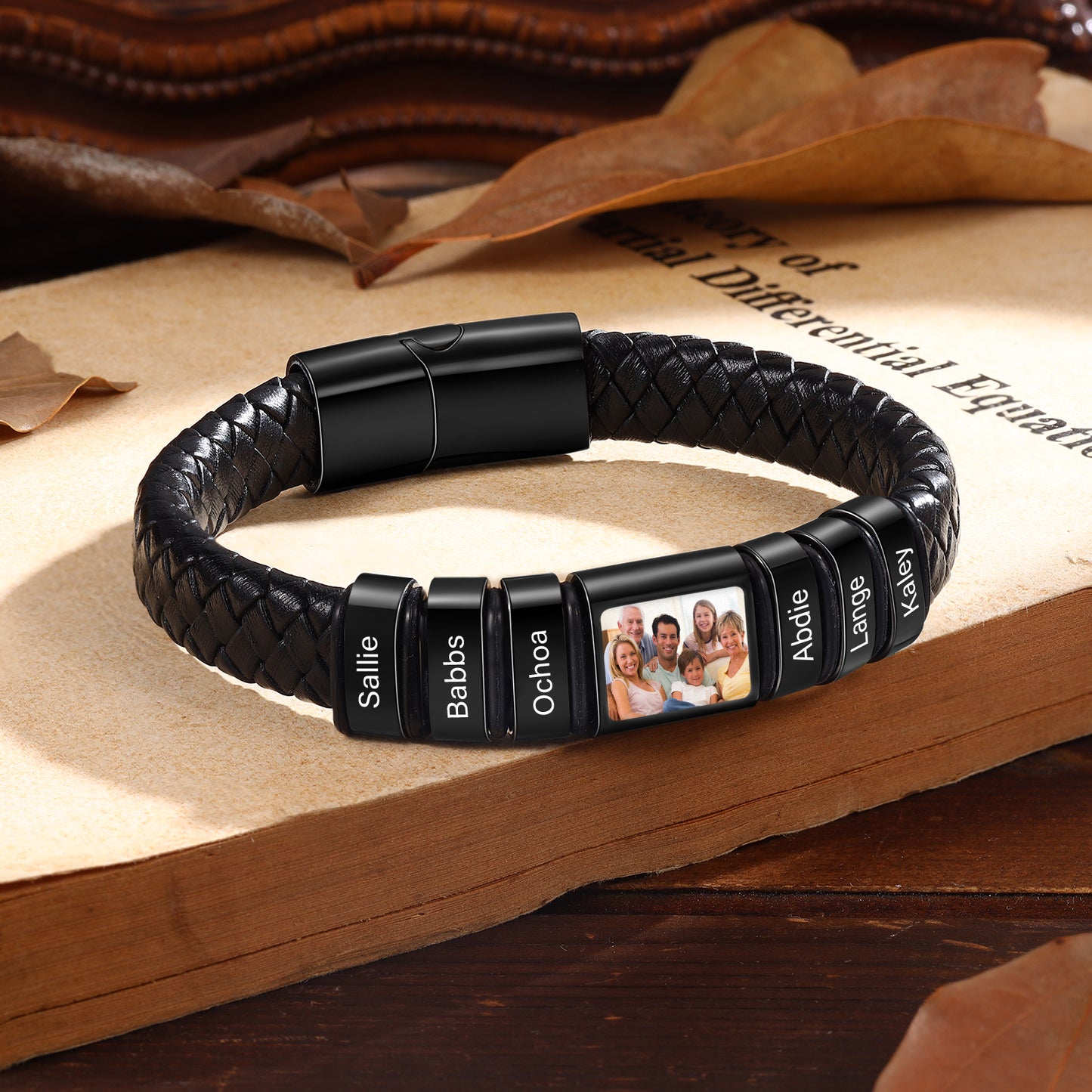 Men's Personalised Leather Photo 1-6 Names Bracelet