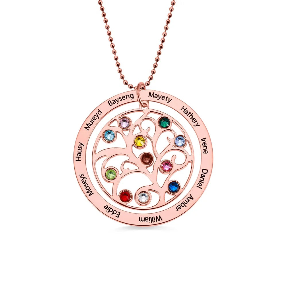 Family Heart Or Circle Birthstones Personalised Necklace- Up to 11 Names