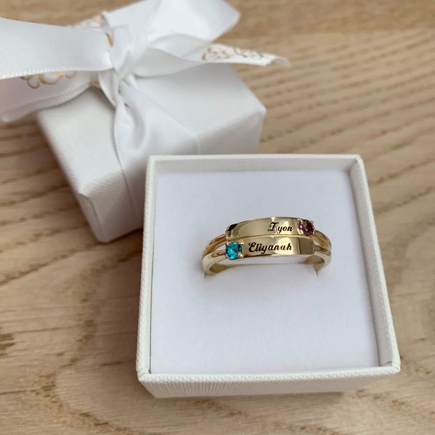 Personalised Two Name Plates and Birthstones Stacker Ring