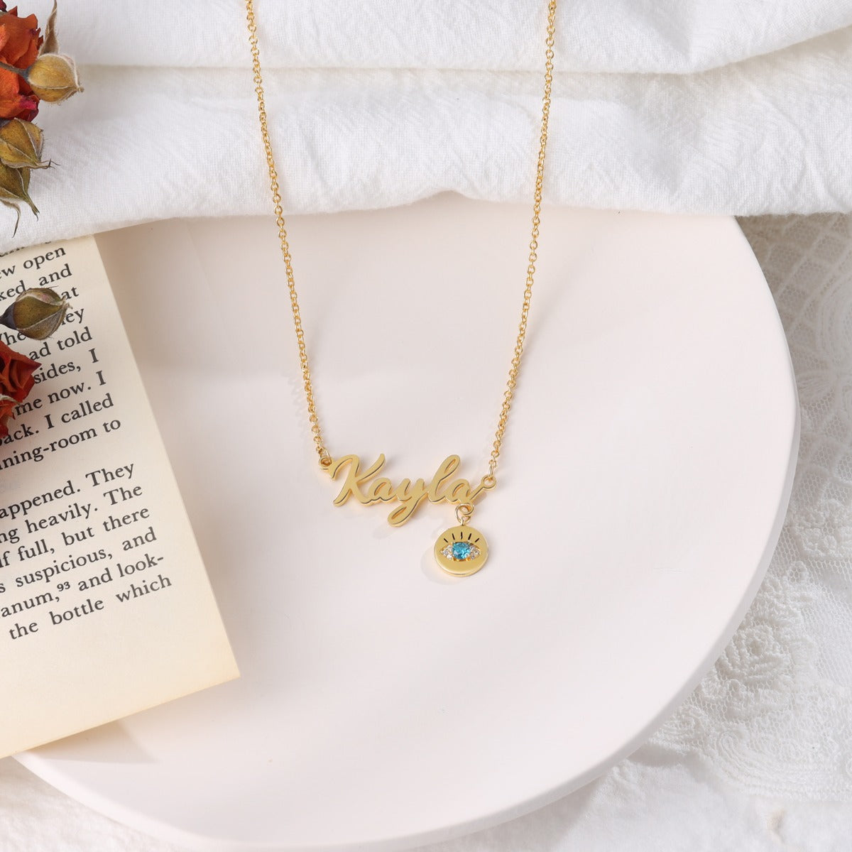 Evil Eye Personalised Name Necklace with Birthstone