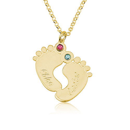 Baby Feet Two Names & Birthstones Personalised Necklace