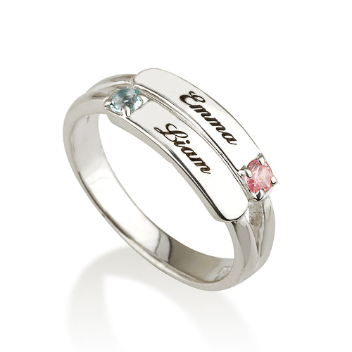 Personalised Two Name Plates and Birthstones Stacker Ring