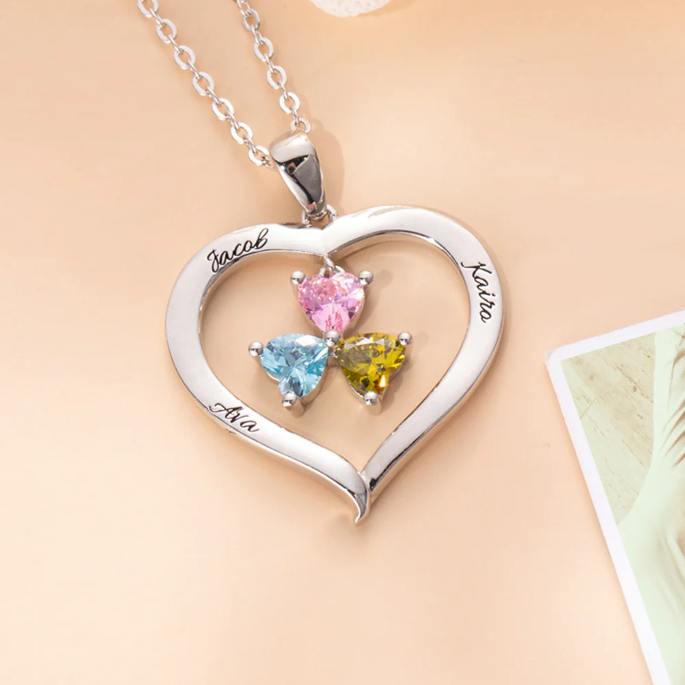 Family Heart 3 Names & Birthstones Personalised Necklace