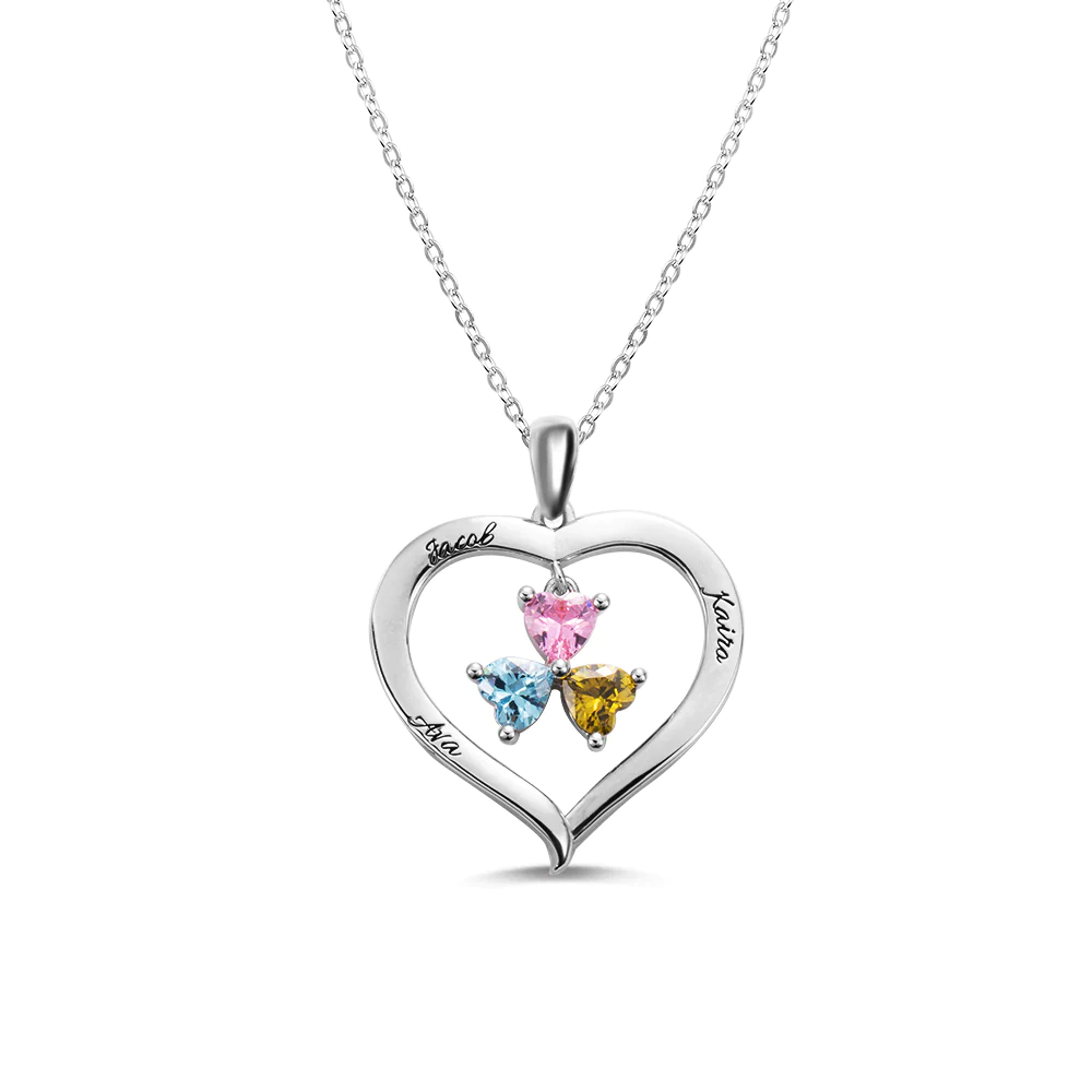 Family Heart 3 Names & Birthstones Personalised Necklace