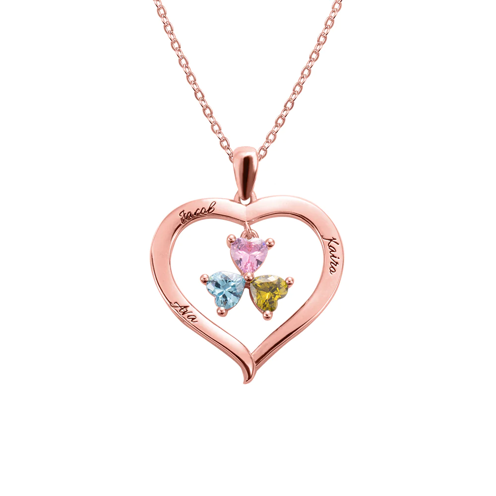 Family Heart 3 Names & Birthstones Personalised Necklace