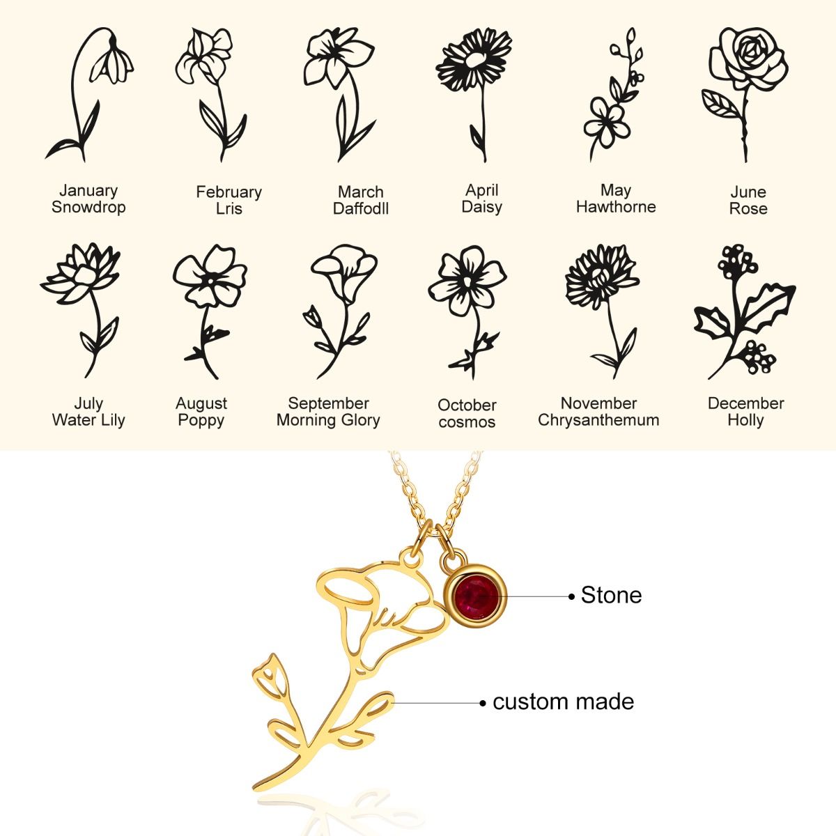 Personalised Birth Flower & Birthstone Necklace