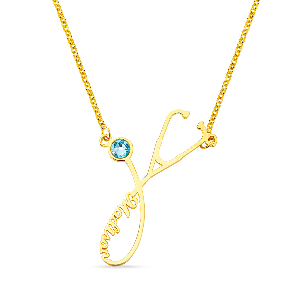 Stethoscope necklace with store name and birthstone