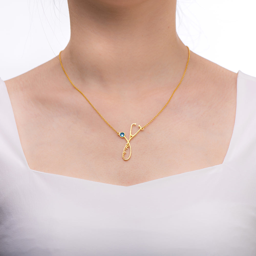 Doctors Stethoscope Personalised Name Necklace with Birthstone