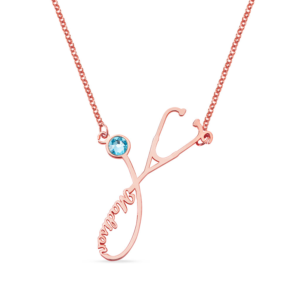 Doctors Stethoscope Personalised Name Necklace with Birthstone