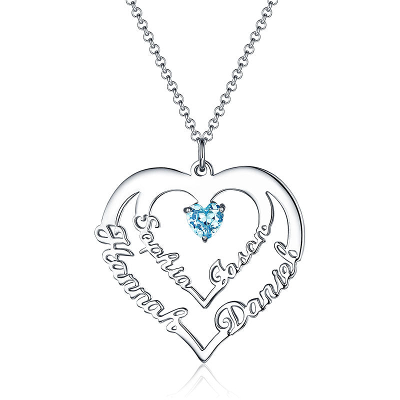 Personalised Heart Necklace with 4 Names & Birthstones