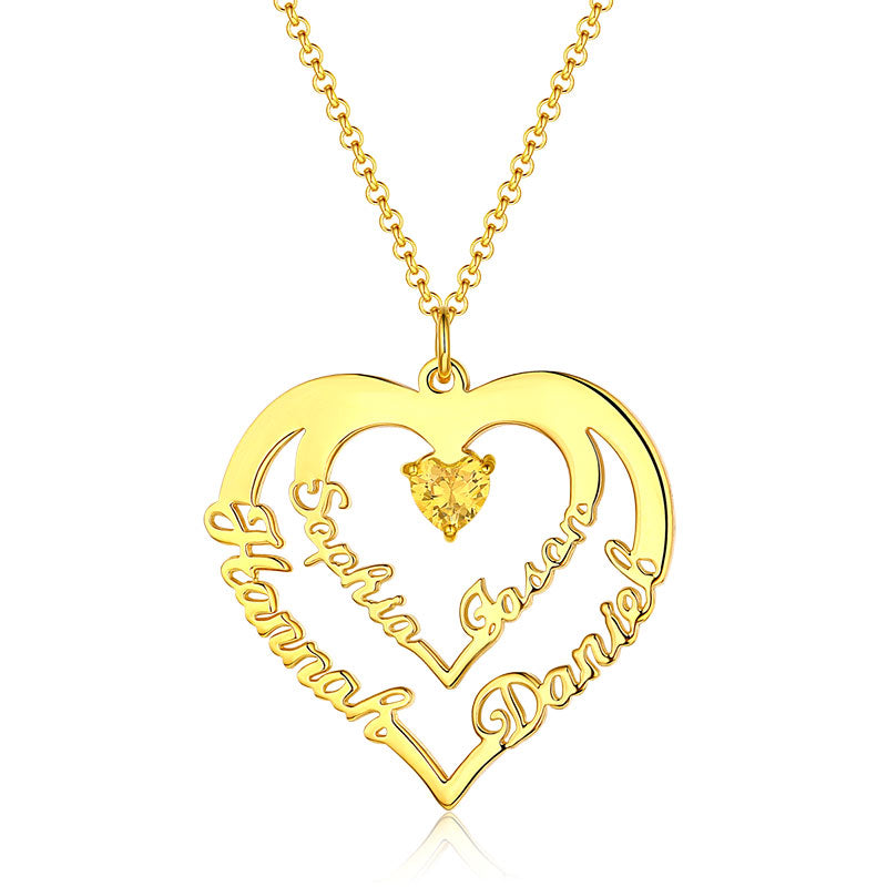 Personalised Heart Necklace with 4 Names & Birthstones