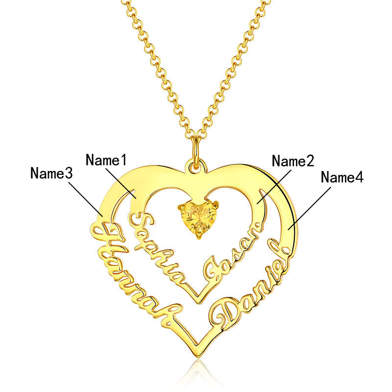 Personalised Heart Necklace with 4 Names & Birthstones