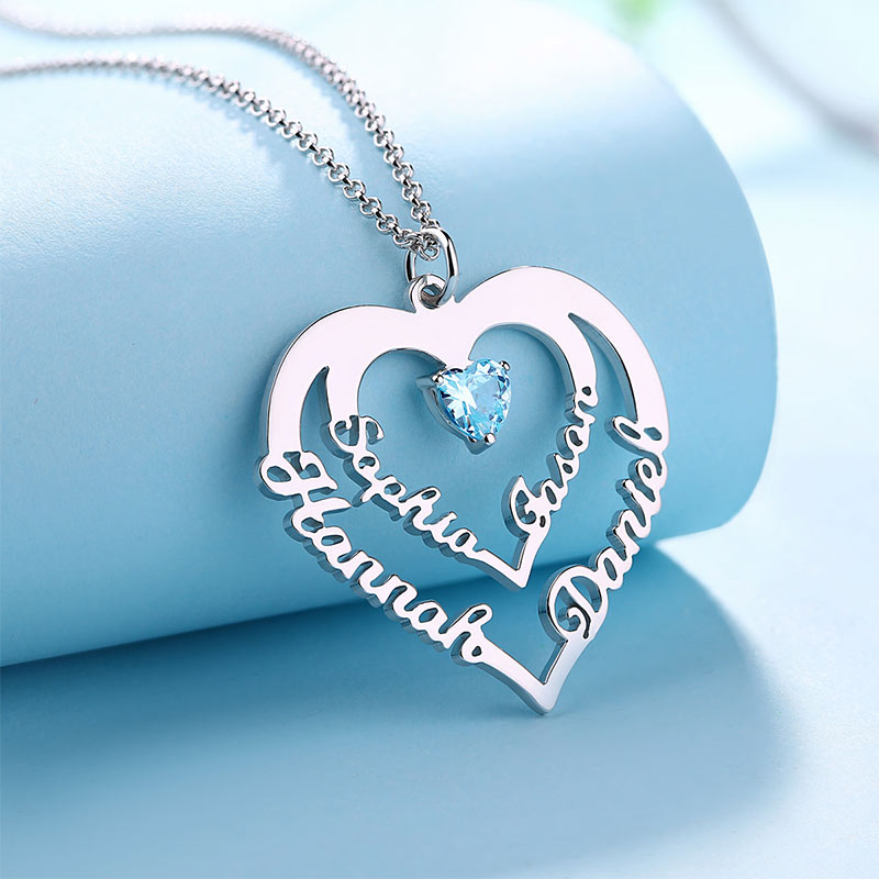 Personalised Heart Necklace with 4 Names & Birthstones