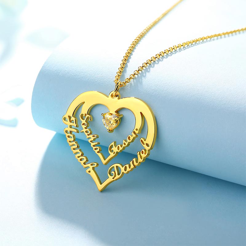 Personalised Heart Necklace with 4 Names & Birthstones