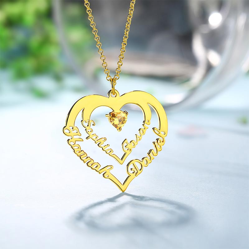 Personalised Heart Necklace with 4 Names & Birthstones
