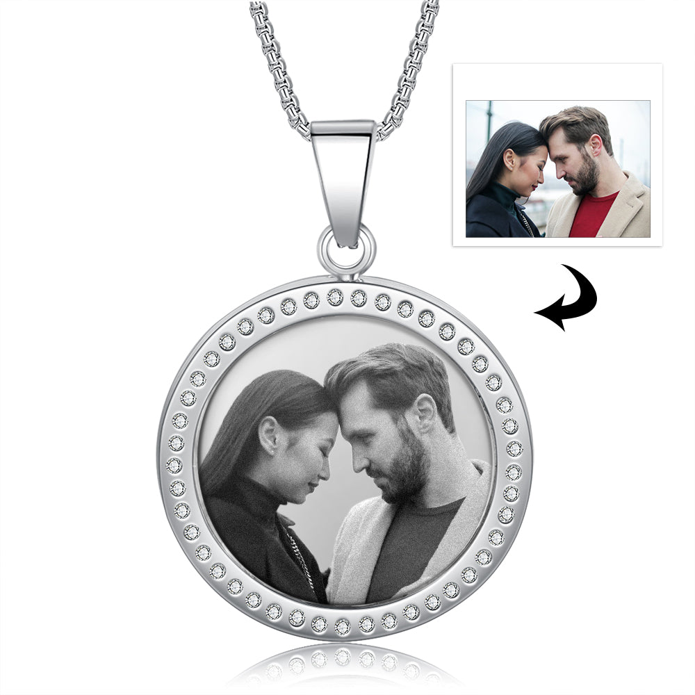 Stainless Steel Personalised B&W Photo Circle Necklace
