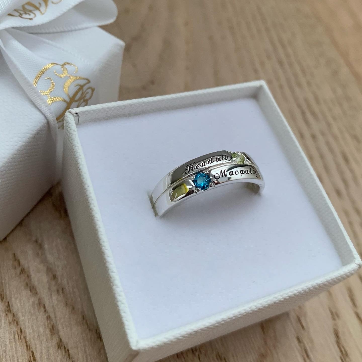 Personalised Two Names and Birthstones Stacker Ring