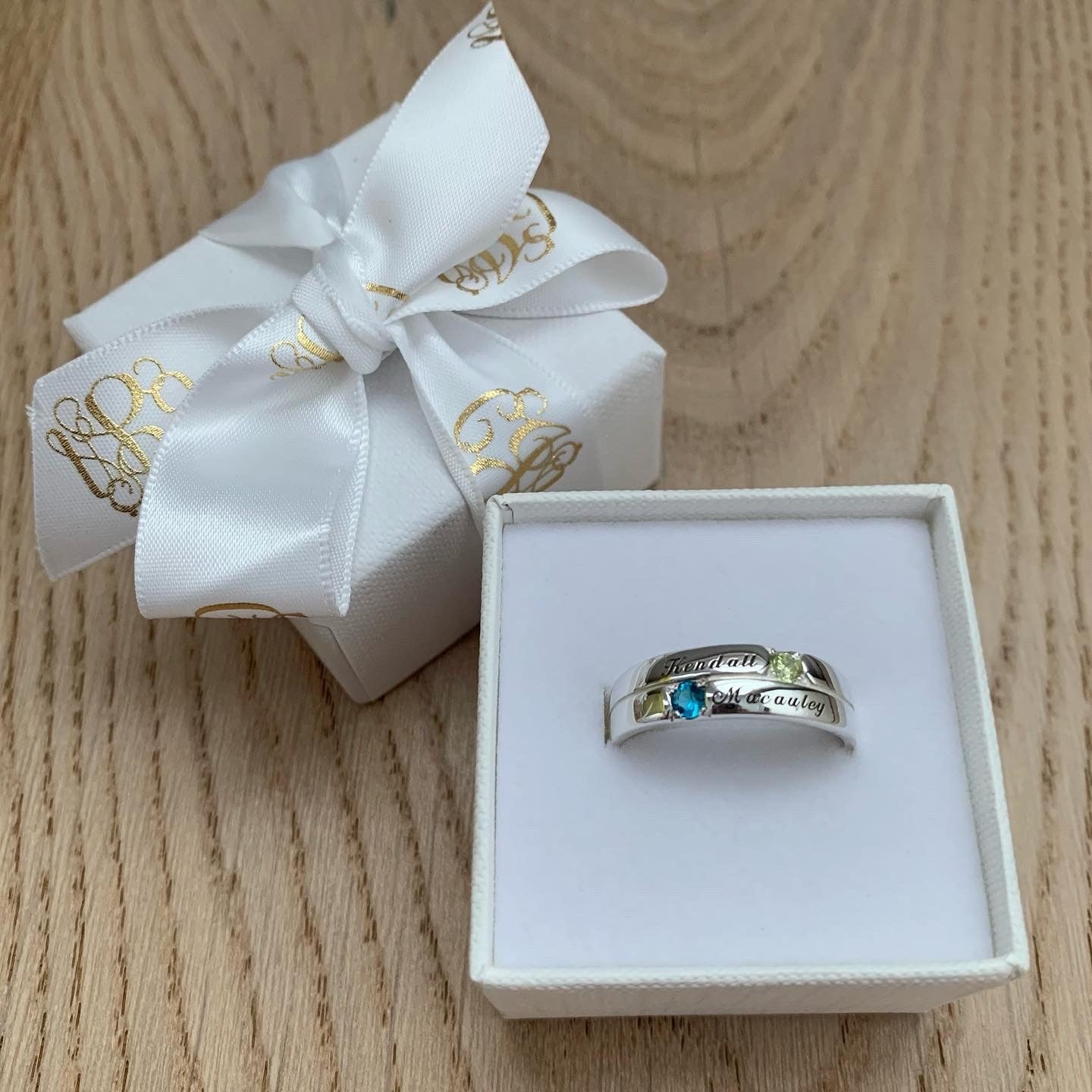 Personalised Two Names and Birthstones Stacker Ring