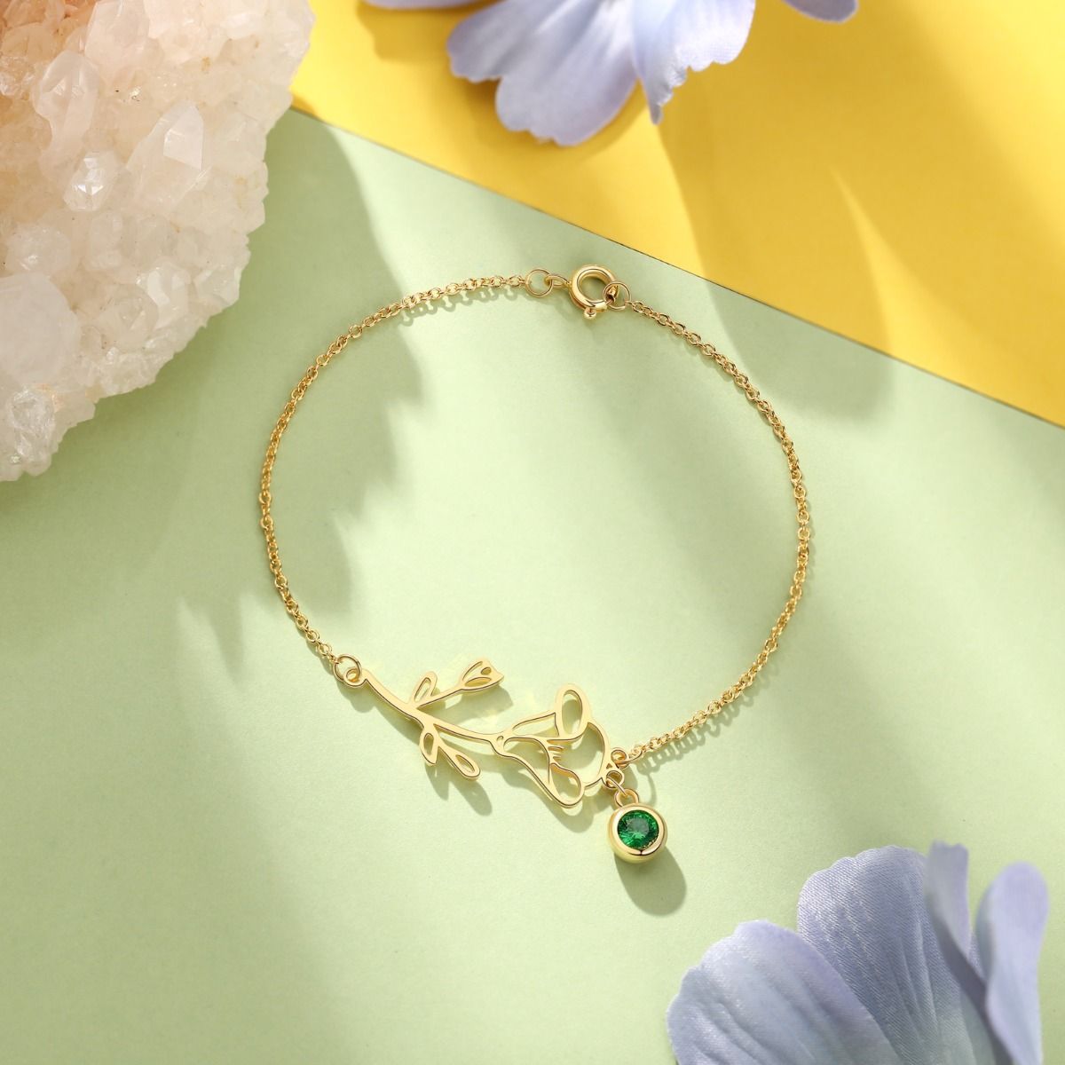 Personalised Birth Flower & Hanging Birthstone Bracelet