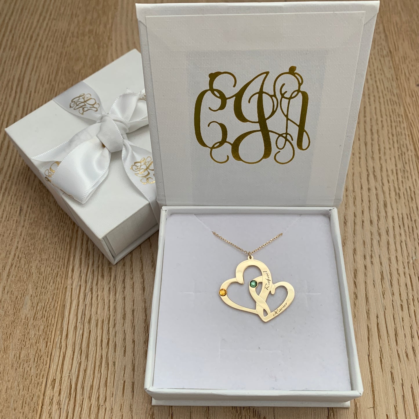 Twin Hearts & Birthstones Personalised Necklace