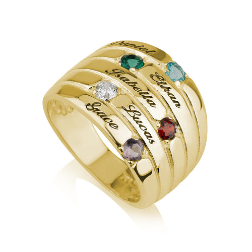 Personalised Five Names and Birthstones Stacker Ring