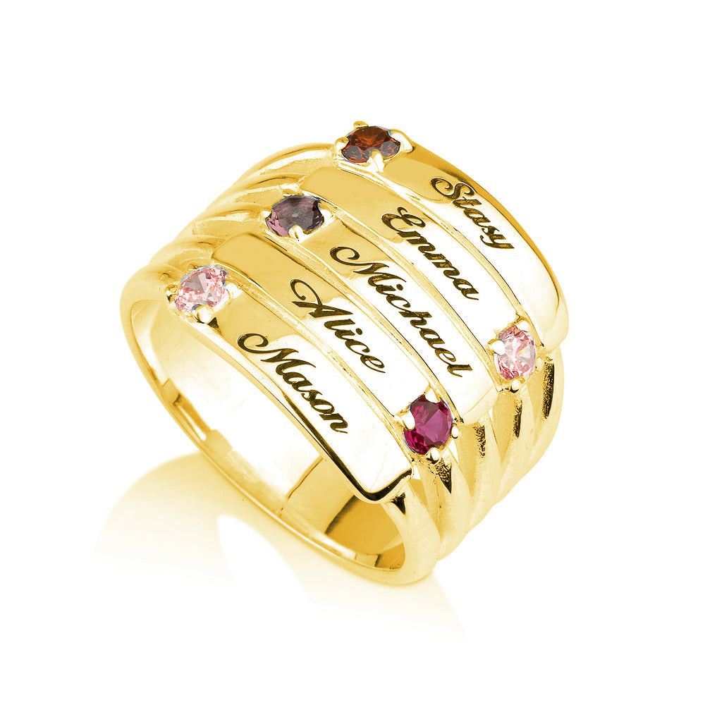 Personalised Five Name Plates and Birthstones Stacker Ring