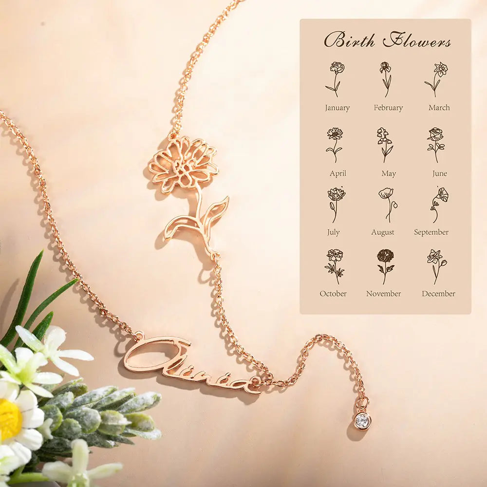 Personalised Birth Flower Name Necklace with Birthstone