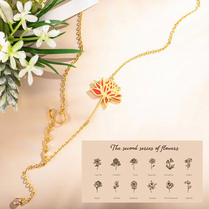 Personalised Birth Flower Name Necklace with Birthstone
