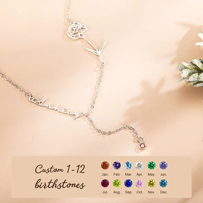 Personalised Birth Flower Name Necklace with Birthstone