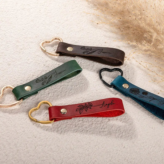 Personalised Birth Flower Leather Heart Keyring