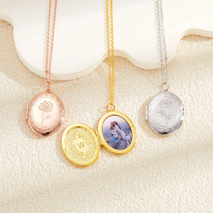 Personalised Birth Flower & Inside Initial Photo Locket Necklace