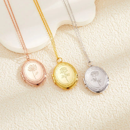 Personalised Birth Flower & Inside Initial Photo Locket Necklace