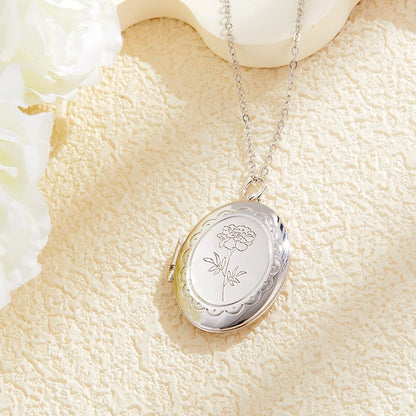 Personalised Birth Flower & Inside Initial Photo Locket Necklace