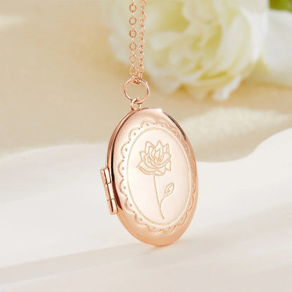 Personalised Birth Flower & Inside Initial Photo Locket Necklace